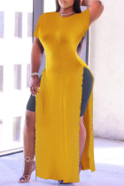Yellow Fashion Casual Solid Slit O Neck Short Sleeve Dress