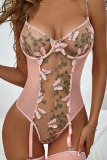 Pink Sexy Solid Embroidered Patchwork See-through Valentines Day Lingerie