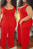 Red Fashion Casual Solid Basic O Neck Regular Jumpsuits