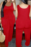 Red Fashion Casual Solid Basic O Neck Regular Jumpsuits