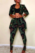 Camouflage Fashion Casual Print Cardigan Pants Turn-back Collar Long Sleeve Two Pieces