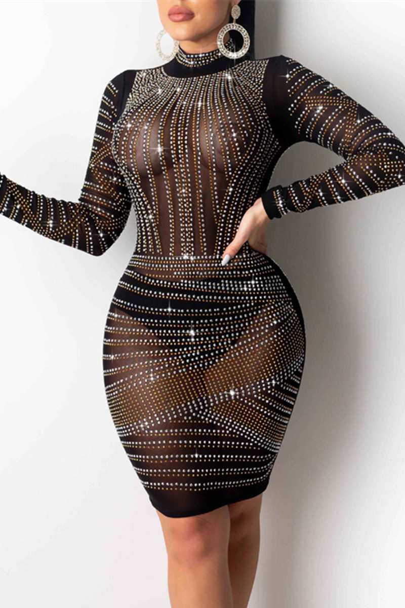 Wholesale Black Fashion Sexy Patchwork Hot Drilling See Through Half A Turtleneck Long Sleeve 4281