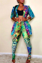 Green Fashion Casual Print Cardigan Pants Turn-back Collar Long Sleeve Two Pieces