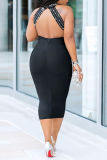 Black Sexy Patchwork Hot Drilling See-through Backless Half A Turtleneck Sleeveless Dress