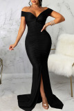 Black Sexy Elegant Solid Patchwork Slit Fold V Neck Straight Dresses