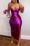 Purple Sexy Solid Patchwork Slit Spaghetti Strap Sling Dress Dresses