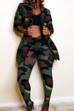 Camouflage Fashion Casual Print Cardigan Pants Turn-back Collar Long Sleeve Two Pieces