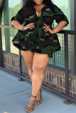 Camouflage Fashion Casual Camouflage Print With Belt Turndown Collar Long Sleeve Plus Size Dresses
