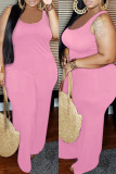 Pink Fashion Casual Solid Basic O Neck Regular Jumpsuits