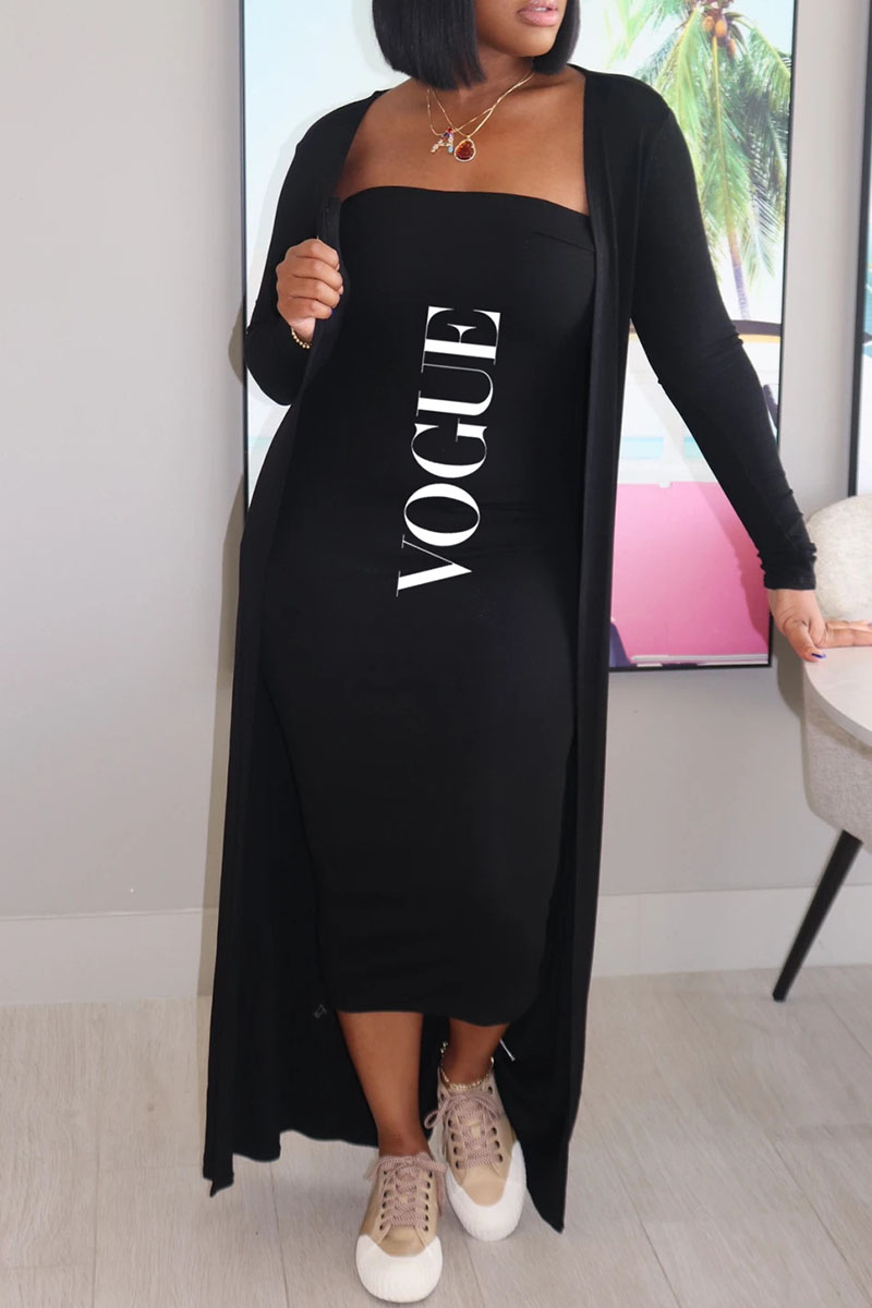 

Black Casual Print Patchwork Strapless Long Sleeve Two Pieces