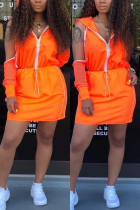 Orange Casual Fashion Sexy Solid asymmetrical Zippered Fluorescent Bandage Straight Two-Piece Dr