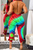 Red Fashion Sexy Print Tie Dye Backless Hooded Collar Skinny Jumpsuits