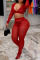 Red Sexy Solid Hollowed Out Patchwork See-through V Neck Long Sleeve Two Pieces