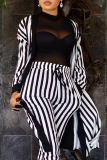 Black And White Casual Striped Patchwork Cardigan Collar Long Sleeve Two Pieces