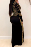 Black Fashion Sexy Patchwork Hot Drilling Slit O Neck Long Sleeve Dresses