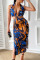 Colour Sexy Print Hollowed Out Split Joint Backless Slit Halter One Step Skirt Dresses