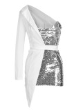 White Sexy Solid Patchwork Asymmetrical Sequins Asymmetrical Collar One Step Skirt Dresses