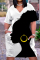 Black Yellow Fashion Casual Print Basic V Neck Short Sleeve Dress