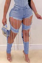 Blue Fashion Casual Solid Ripped Patchwork Chains High Waist Skinny Denim Jeans