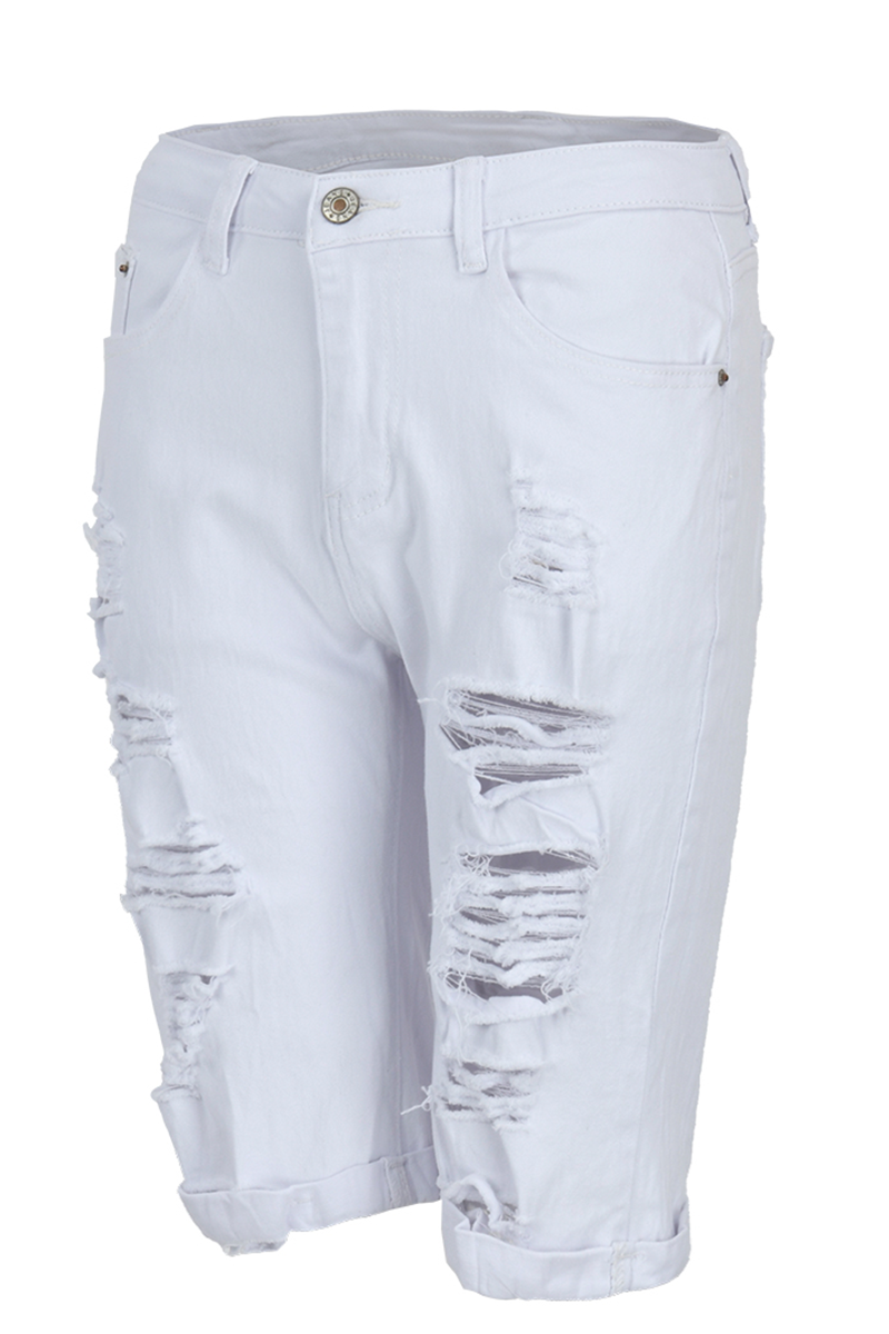 Dark Blue Casual Patchwork Ripped Mid Waist Straight Denim Shorts ...