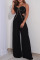 Black Sexy Solid Hollowed Out Split Joint Chains Halter Straight Jumpsuits