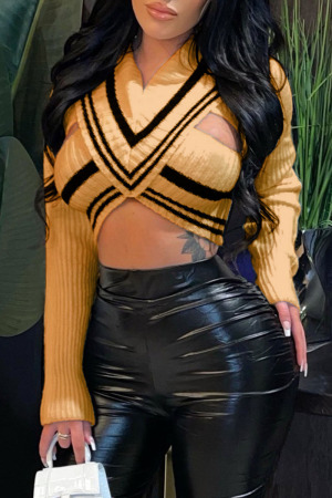 Camel Sexy Hollowed Out Patchwork Asymmetrical V Neck Tops
