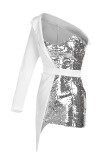 White Sexy Solid Patchwork Asymmetrical Sequins Asymmetrical Collar One Step Skirt Dresses
