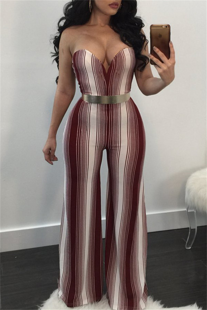 

Purplish Red Fashion Sexy Striped Print Backless Strapless Regular Jumpsuits