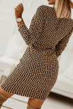 Khaki Fashion Casual Print With Belt O Neck Long Sleeve Dresses