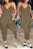 Khaki Sexy Casual Print Backless V Neck Regular Jumpsuits