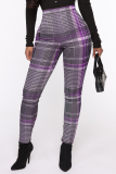 Red Casual Plaid Patchwork Skinny High Waist Pencil Full Print Bottoms