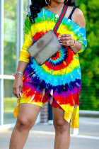 Yellow Fashion Casual Print Tie Dye Asymmetrical Oblique Collar Plus Size Two Pieces