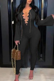 Brown Fashion Sexy Solid Hollowed Out Chains V Neck Skinny Jumpsuits