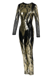 Gold Fashion Long Sleeve Perspective Sequins Jumpsuit