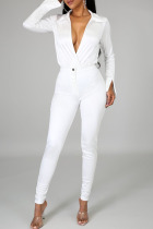 White Casual Solid Split Joint V Neck Long Sleeve Two Pieces