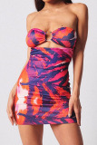 Colour Sexy Print Hollowed Out Patchwork Strapless Pencil Skirt Dresses