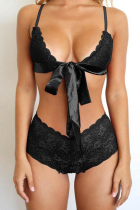 Black Sexy Solid Lace See-through Valentines Day Lingerie