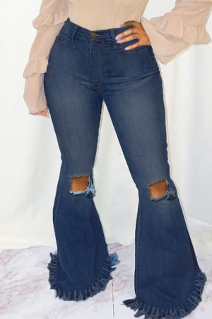 Blue Street Solid Ripped Make Old Split Joint High Waist Boot Cut Denim Jeans