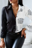 Black Fashion Casual Print Patchwork Turndown Collar Tops
