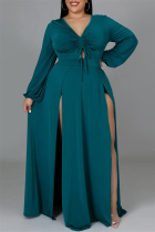 Turquoise Fashion Sexy Solid Frenulum Slit V Neck Long Sleeve Plus Size Dresses