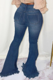 Blue Street Solid Ripped Make Old Patchwork High Waist Boot Cut Denim Jeans