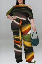Red Fashion Casual Print With Belt Oblique Collar Plus Size Jumpsuits
