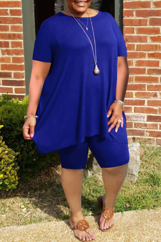Blue Fashion Casual Solid Basic O Neck Plus Size Two Pieces
