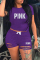 Purple Fashion Casual Letter Print Ripped O Neck Short Sleeve Two Pieces