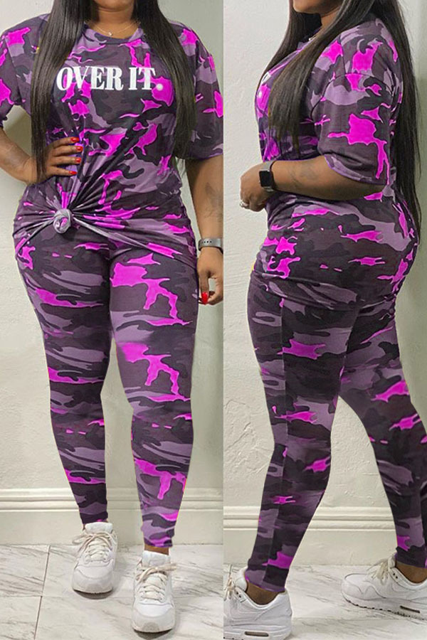 purple Casual Solid Regular Half Sleeve Two Pieces