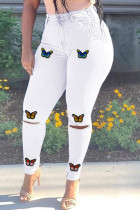 White Fashion Casual Butterfly Print Ripped Plus Size Jeans