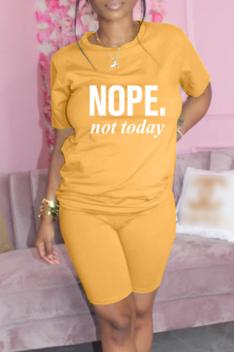 Yellow Fashion Casual Letter Print Basic O Neck Short Sleeve Two Pieces