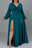 Turquoise Fashion Sexy Solid Frenulum Slit V Neck Long Sleeve Plus Size Dresses