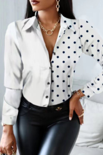 White Fashion Casual Print Patchwork Turndown Collar Tops