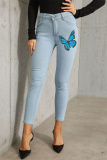 Black Fashion Casual Butterfly Print Basic Mid Waist Skinny Denim Jeans